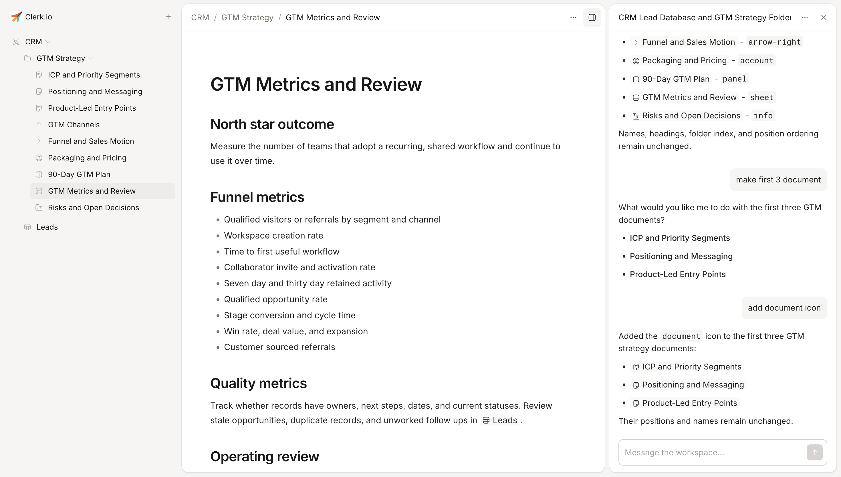 Workspace screenshot with a document, folder navigation, and assistant conversation